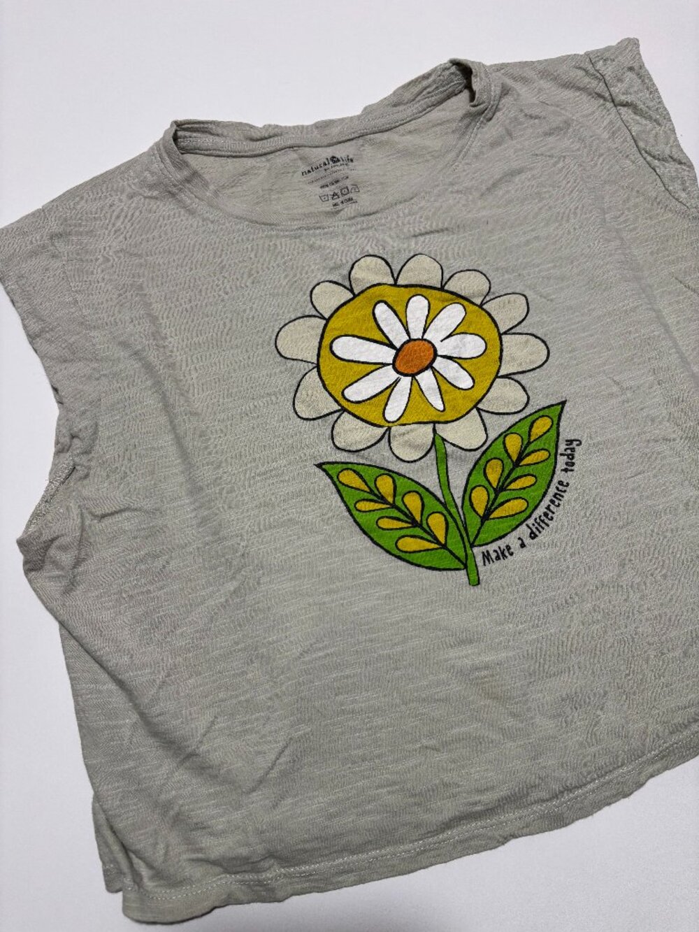 Natural Life Grey / Tan Flower Doodle Crop Top Cotton Muscle Tee